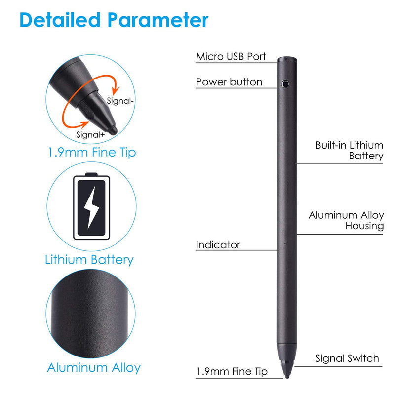 [Australia - AusPower] - Active Stylus for iPad Pro/Mini/Air/iPhone/Samsung/Surface Fine Tip offering Accurate Writing/Drawing Experience for Touchscreen Smartphones,Tablets,Notebooks (Black) black 