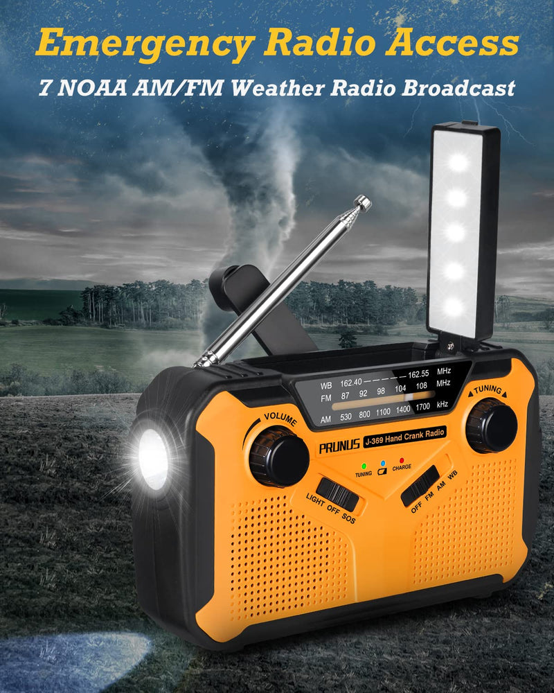 [Australia - AusPower] - PRUNUS Emergency NOAA Weather Radio 5 Way Powered: Solor/Hand Crank/USB/AA Batteries/Rechargeable Batteries, LED Flashlight and Reading Lamp, AM FM, 3000mAh Power Bank Cellphone Charger, J-369 Yellow 