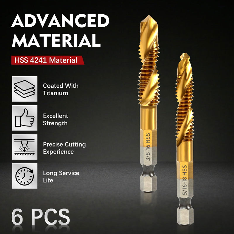 [Australia - AusPower] - RENYU 6Pcs Combination Drill and Tap Bit Set, 1/4" Hex Shank with Titanium Coating Screw Tap Drill Bits for Metal, Plastic, Wood 