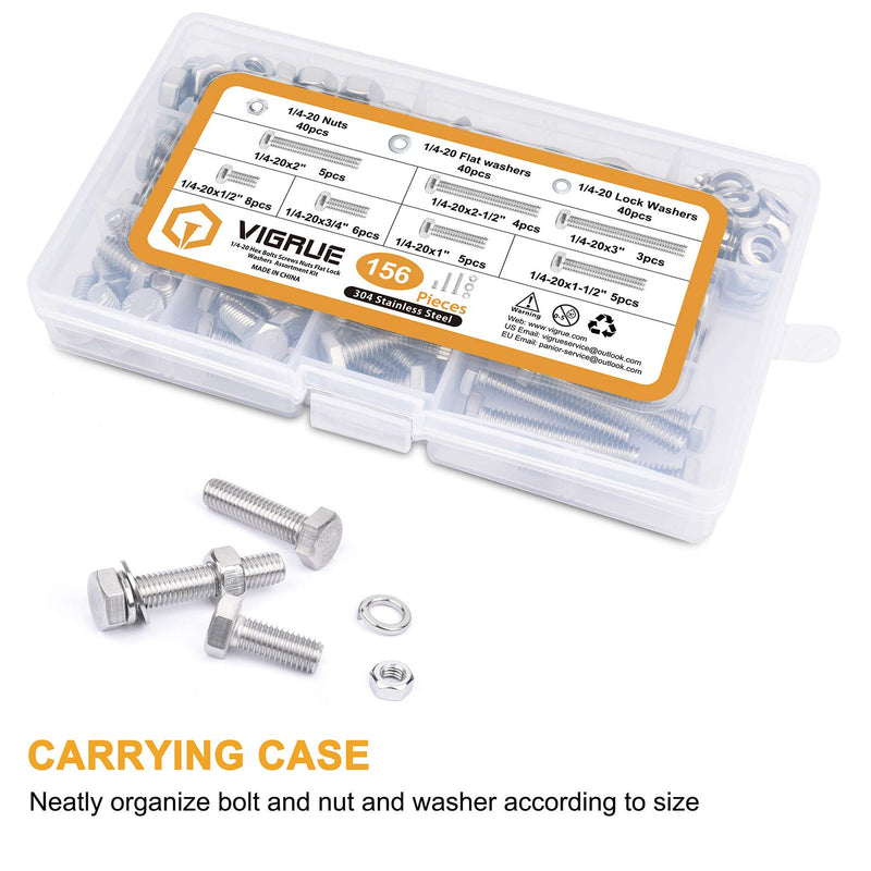 [Australia - AusPower] - VIGRUE 156PCS 1/4-20 Heavy Duty SAE Hex Bolts Nuts Flat Spring Washers Assortment Kit, Includes 7 Lengths (1/2" to 2") 
