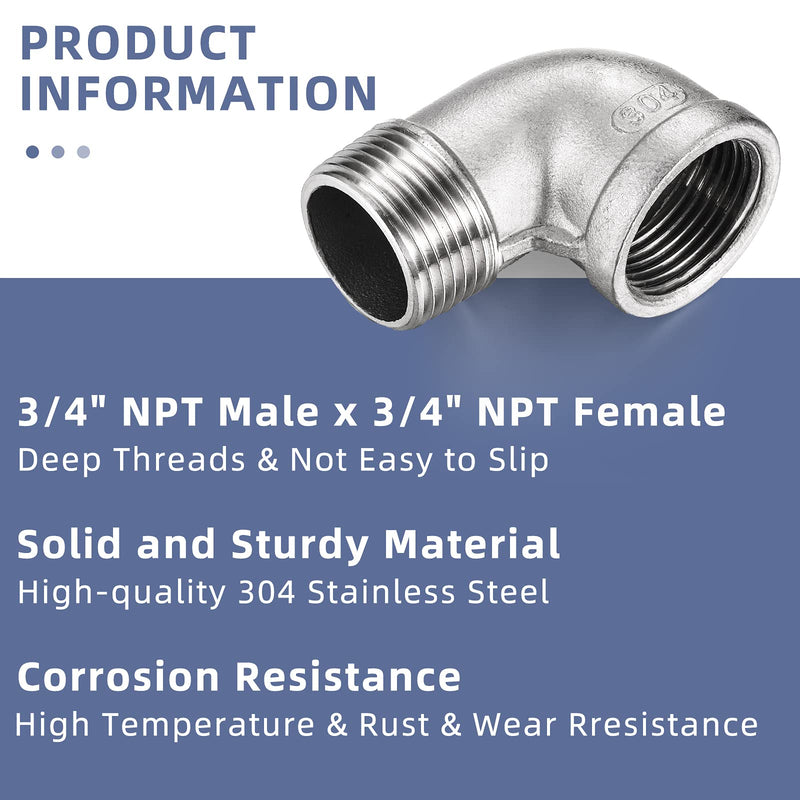 [Australia - AusPower] - 2Pcs 304 Stainless Steel 90 Degree Elbow 3/4inch NPT Threaded Pipe Fitting Female x Male,Cast Pipe Fittings with 2 Tape 