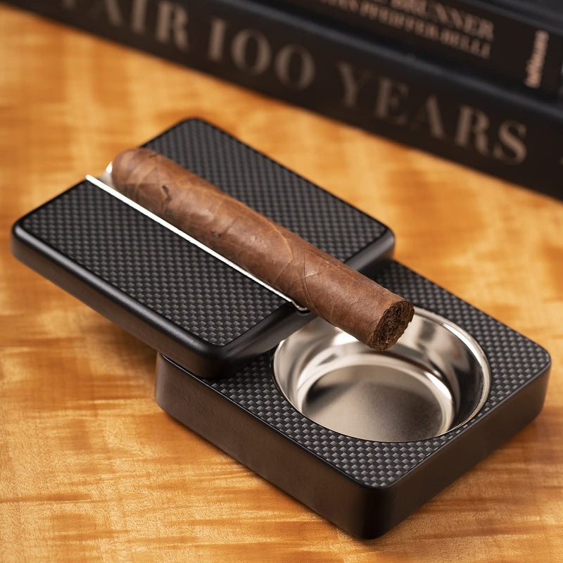 [Australia - AusPower] - Carbon Fiber Design Single Cigar Ashtray with Swivel Design, Solid Wood Ashtray, Travel Cigar Accessory 