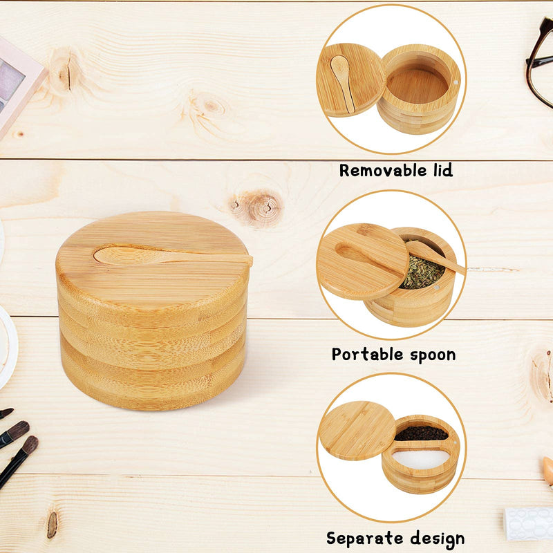 [Australia - AusPower] - 2 Pieces Bamboo Salt Holder Salt Cellar and Pepper Box Salt Container Magnetic Salt Box with Lid Round Bamboo Spices Boxes with Spoon Wood Salt Spice Box for Home (Layered Style,3.5 x 3.5 x 2.2 Inch) 3.5 x 3.5 x 2.2 Inch Layered Style 