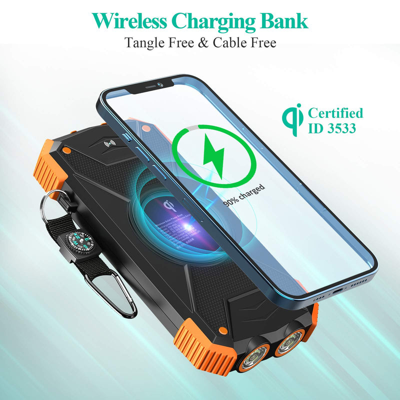 [Australia - AusPower] - Solar Power Bank, Qi Portable Charger 10,000mAh External Battery Pack Type C Input Port Dual Flashlight, Compass, Solar Panel Charging (Orange) Orange 