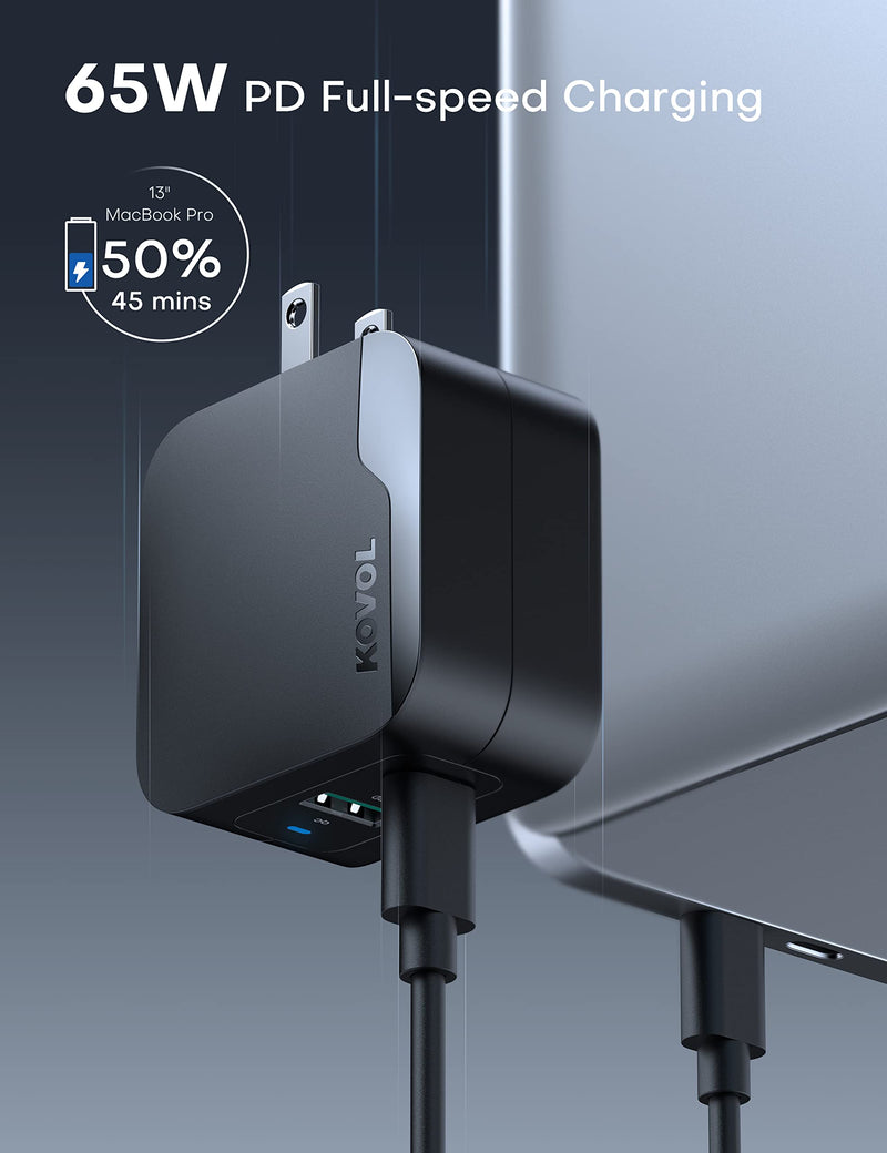 [Australia - AusPower] - USB Wall Charger, KOVOL Sprint 65W USB C Charger, Folding Fast Charging Block 2 Ports, PD&QC Quick GaN Charger for MacBook Pro/Air, iPhone 13/12/11, iPad Pro, Dell XPS, Galaxy, Switch, and More 