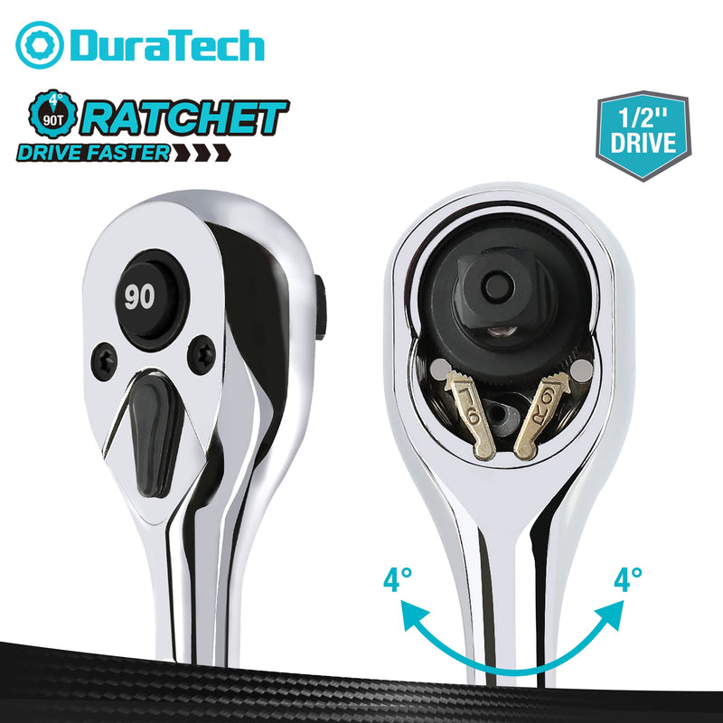 [Australia - AusPower] - DURATECH 1/2-Inch Drive Ratchet Handle, Ratchet Wrench, Socket Wrench, 90-Tooth, Quick-release Reversible, CR-V 1/2'' 