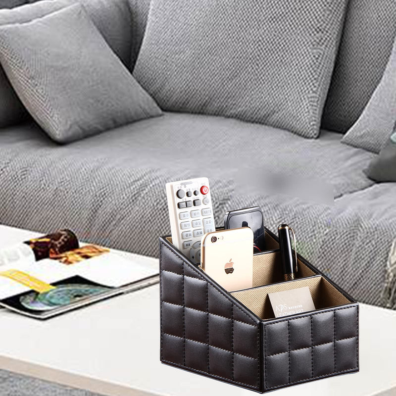 [Australia - AusPower] - RHCSZ Fashionable PU Leather TV Remote Control Holder with 3 Compartments, Storage Rack, Storage Box, Media Accessory Storage, Desk Organizers (Blakc ge) 