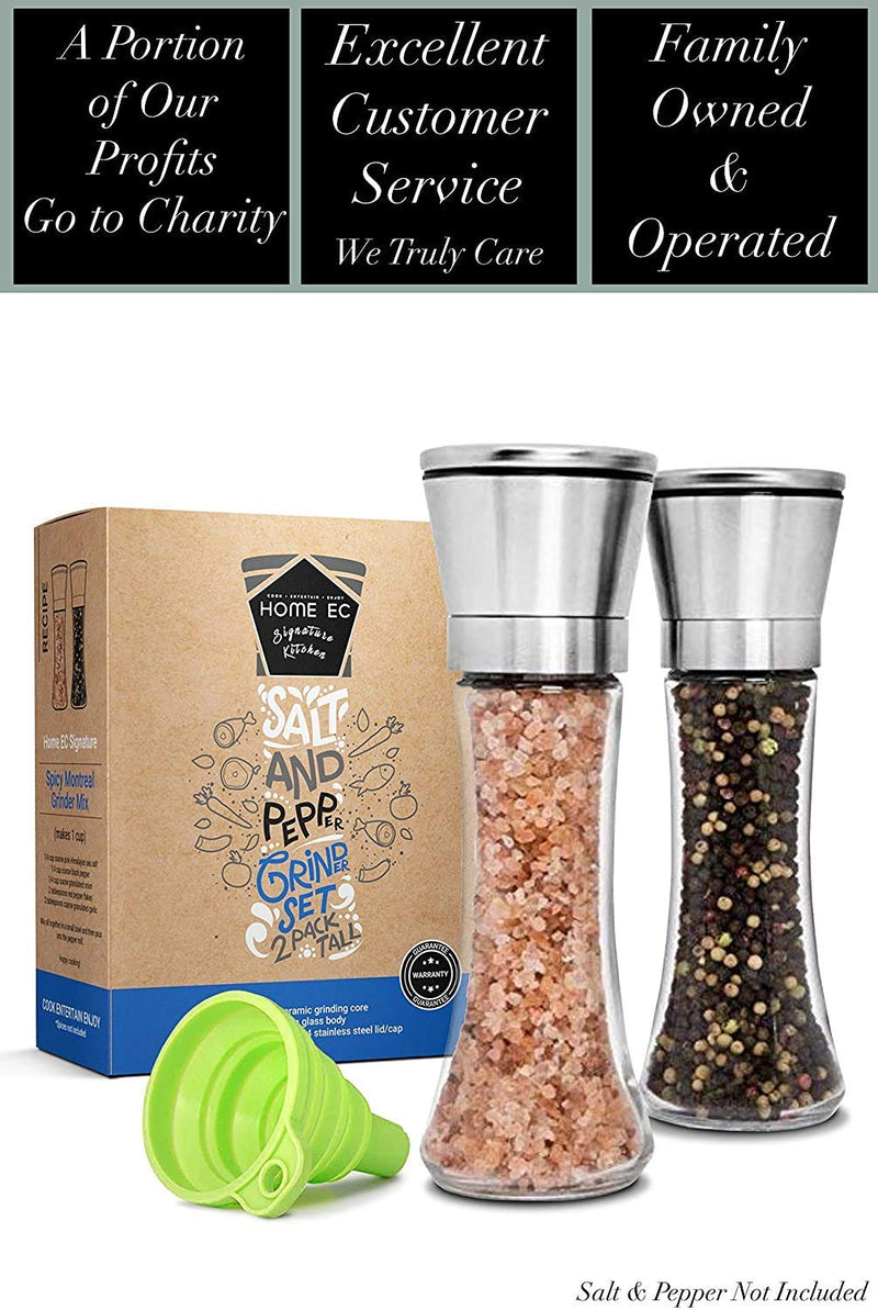 [Australia - AusPower] - HOME EC Premium Stainless Steel Salt and Pepper Grinder Set of 2 - Adjustable Ceramic Sea Salt Grinder & Pepper Grinder - Tall Glass Salt and Pepper Shakers - Pepper Mill & Salt Mill W/Funnel & Ebook 