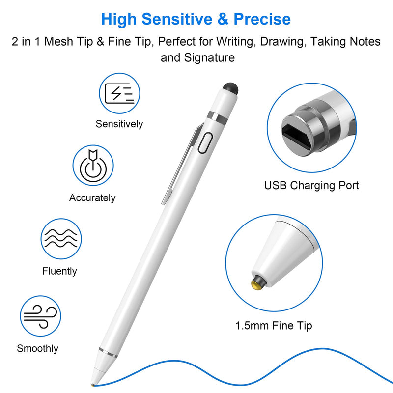 [Australia - AusPower] - Stylus Pen for iPad, NTHJOYS 2 in 1 Rechargeable Digital Pen Fine Point Stylist Capacitive Stylus Pen Smart Pencil for iPhone/iPad Pro/Mini/Air/Samsung and Other Touch Screens White 