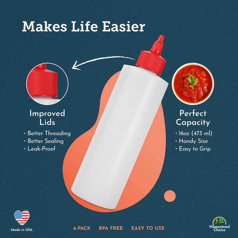 [Australia - AusPower] - 6-pack Plastic Squeeze Condiment Bottles 16-Ounce with Red Twist-Cap Set of 6 16-oz (Perfect for Syrup, Sauce, Ketchup, BBQ, Condiments, Dressing, Arts and Craft, Workshop, Storage, and More) 16oz 