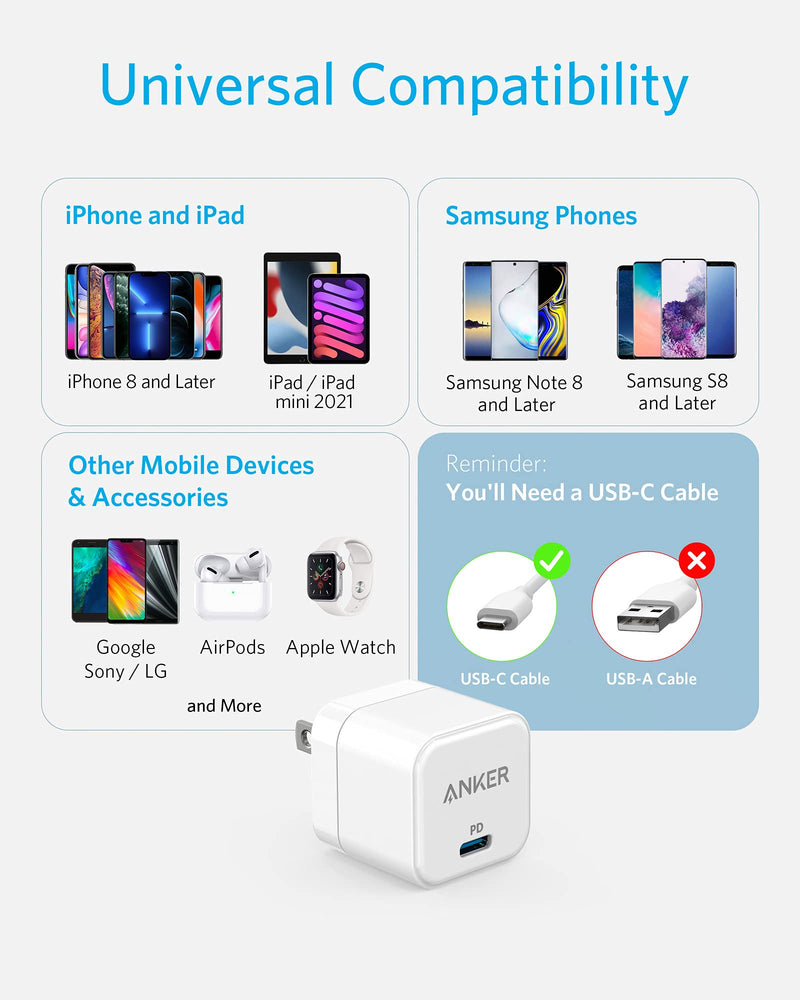 [Australia - AusPower] - USB C Charger, Anker 20W Fast Charger with Foldable Plug, PowerPort III 20W Cube Charger for iPhone 13/13 Mini/13 Pro/13 Pro Max/12, Galaxy, Pixel 4/3, iPad/iPad Mini, and More (Cable Not Included) 