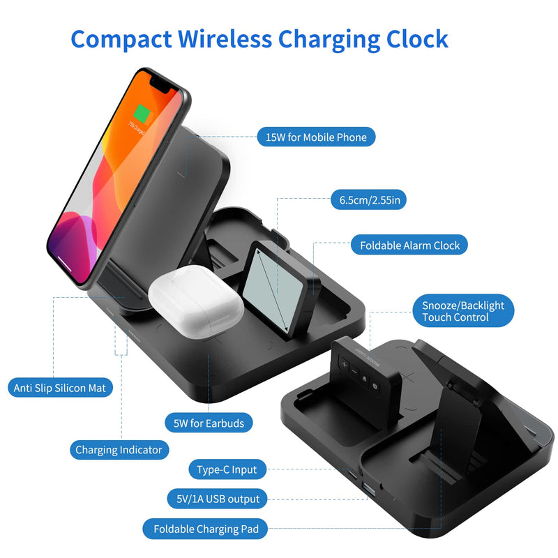 [Australia - AusPower] - MeesMeek Wireless Charger with Alarm Clock, 15W Qi Fast Charging Stand for iPhone 12 11 Pro XR XS X Samsung Galaxy S20 S10 Google LG, 5W for Earphones and More, QC 3.0 AC Adapter Included (Black) Black 