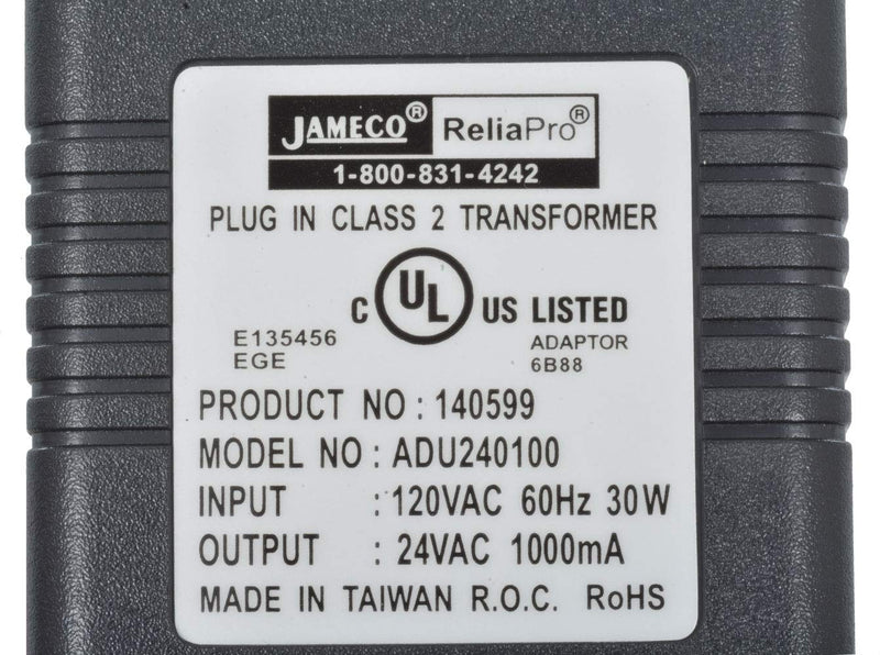 [Australia - AusPower] - JAMECO RELIAPRO - 140599 Jameco Reliapro ADU240100 AC to AC Wall Adapter Transformer 24VAC @ 1000 mA Straight 2.1 mm Female Plug, Black 1 