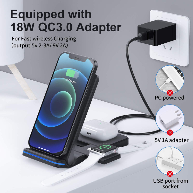 [Australia - AusPower] - Wireless Charger 3 in 1 Wireless Charging Station Qi Fast Charger Stand for iPhone 13/12/11/Pro/Max/XR/XS/XS Max/X /8/8 Plus, Apple Watch, Airpods 2/Pro, Samsung Galaxy Phone with 18W Adapter, Black 