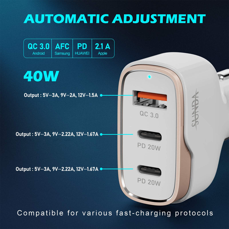 [Australia - AusPower] - SUNDA USB C 40W Fast Car Charger, 3-Ports Car Charger Adapter, Dual Type C PD 20W Compatible with iPhone 13/12 Pro/Max/iPhone11/Pad Pro/Galaxy/Samsung, 18W QC3.0 for Android CC53-2C1A 