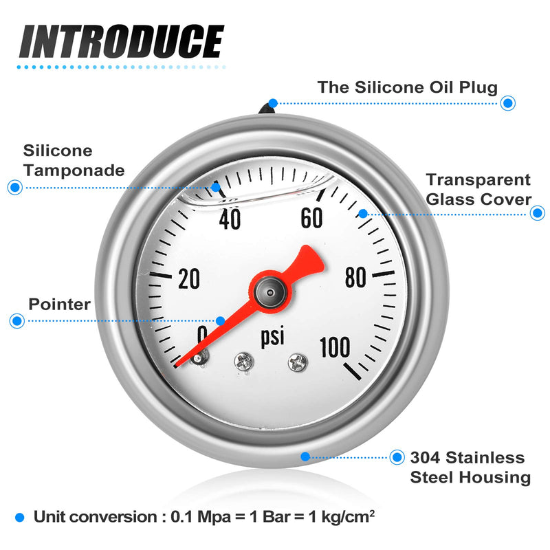 [Australia - AusPower] - MEANLIN MEASURE 0~100Psi Stainless Steel 1/8" NPT 1.5" FACE DIAL， Glycerin Filled Fuel Pressure Gauge， Liquid Filled Pressure Gauge WOG Water Oil Gas Center Back Mount 0-100Psi 