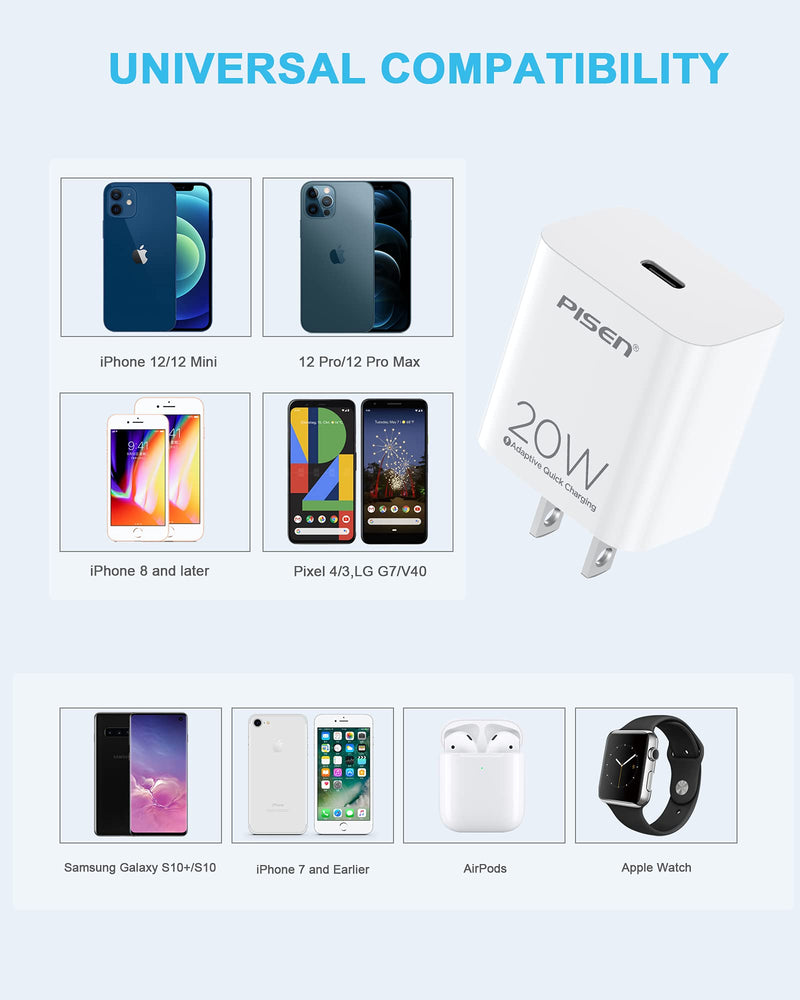 [Australia - AusPower] - PISEN Wall Charger 20W Fast USB C Charger Cell Phone Charger Block with PD & QC 3.0 Compact USB-C Adapter Compatible with iPhone 13/12/12 Pro Max 12 Mini, 11 Pro Max, AirPods, iPad, Switch 