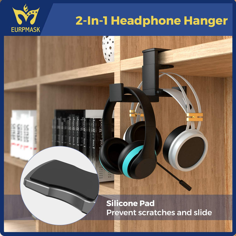 [Australia - AusPower] - PC Gaming Headphone Stand, Dual Headset Hanger Hook Holder with Adjustable & Rotating Arm Clamp , Under Desk Design , Universal Fit , Built in Cable Clip Organizer EURPMASK Black 