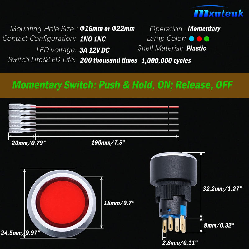 [Australia - AusPower] - mxuteuk 12V Momentary Push Button Switch with Red LED Indicator Light with Pre-Wiring Wires ON/Off Switch for Marine Car Truck, Suitable for 5/8" and 7/8'' Mounting Hole M-MU-T-R 