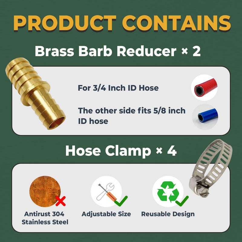 [Australia - AusPower] - LIONMAX Hose Barb Fittings Reducer 2 PCS, Brass Hose Barb Adapter, 3/4'' to 5/8'' Barb Hose ID, with 4 Hose Clamps, Splicer Mender Union, for Air/Water/Fuel 