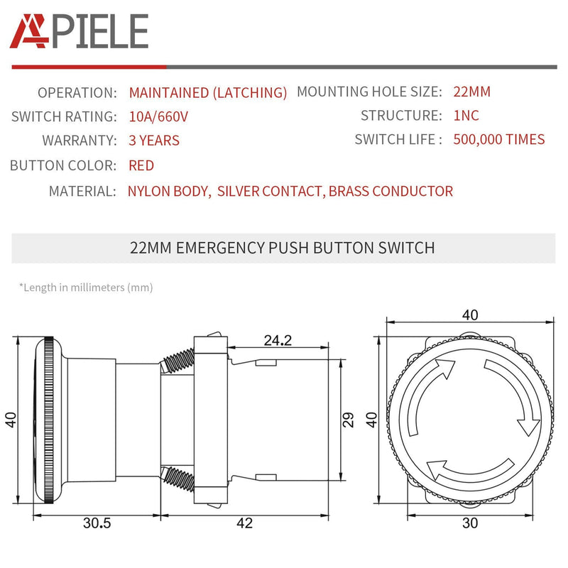[Australia - AusPower] - APIELE 22mm NC Red Mushroom Emergency Stop Push Button Switch 600V 10 Amp XB2-01ZS XB2?Series 