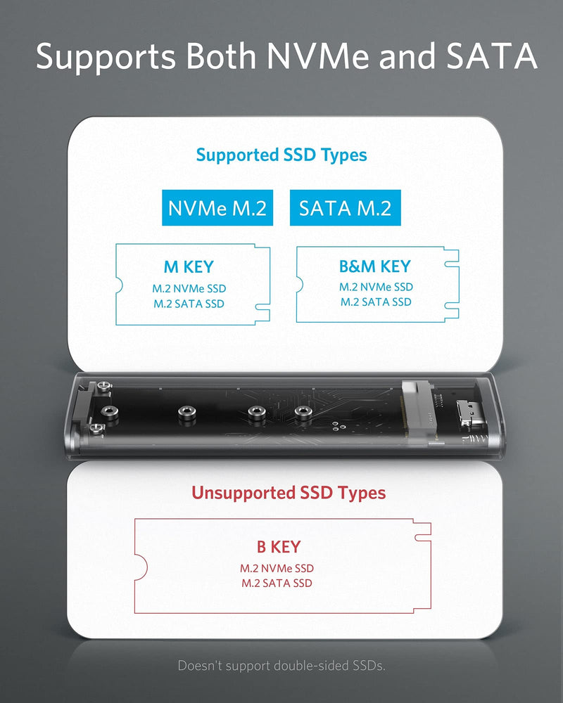 [Australia - AusPower] - Anker PowerExpand M.2 NVMe and SATA SSD Enclosure Adapter, USB 3.1 Gen2 10Gbps, USB C and Thunderbolt 3 Compatible, Supports M or B&M Keys, and Size 2230/2242 / 2260/2280 SSDs 