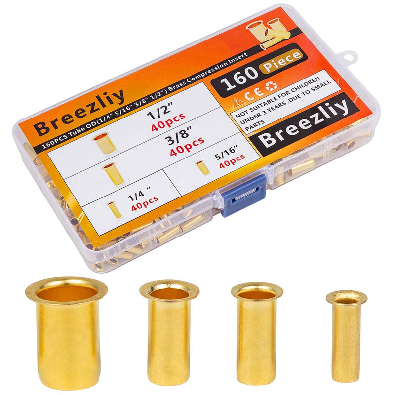 [Australia - AusPower] - Breezliy 160pcs Tube OD(1/4" 5/16'' 3/8" 1/2") Brass Compression Insert,Brass Compression Fitting Assortment Kit , Insert Tube Support Compression Sleeve Fitting 160pcs 4 Sizes Brass Compression Insert 