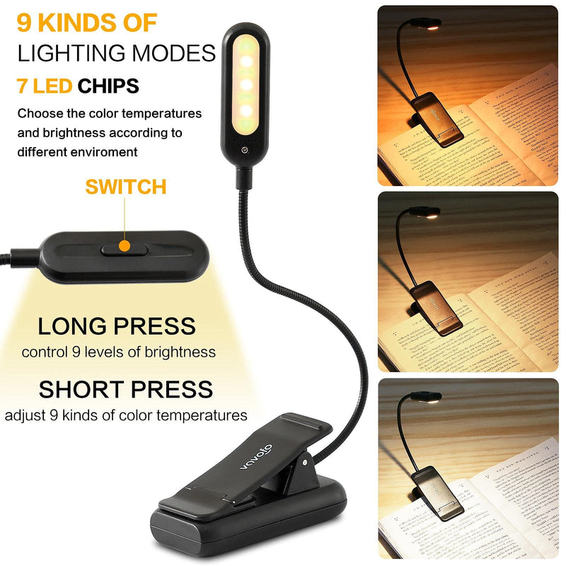 VAVOFO Rechargeable Reading Light, 7 LEDs with 9 Color Temperature 9 Brightness Levels Clip On