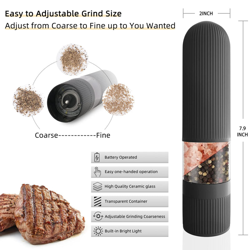 [Australia - AusPower] - T-mark Electric Salt and Pepper Grinder Set - Battery Operated Automatic One Handed Salt Pepper Mill with Bottom Cap, Adjustable Coarseness 