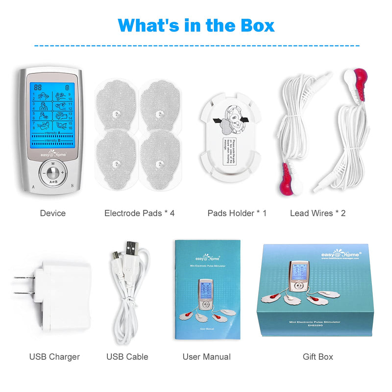 [Australia - AusPower] - Easy@Home Rechargeable TENS Unit + EMS Muscle Stimulator, 2 Independent Channels, 20 Intensity Levels, 8 Massage Types+16 Modes, 510K Cleared FSA Eligible Handheld Electronic Pulse Massager, EHE029G-B 