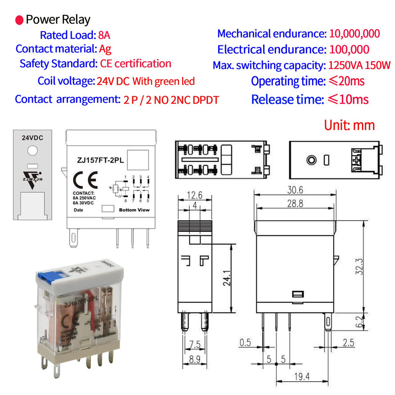 [Australia - AusPower] - Electromagnetic Power Relay Miniature Coil 24V 8A 8 Pins 2PDT 2NO 2NC with Indicator Light and Socket Base (8 Pin- 5A, DC 24V) 8 Pin- 5A 