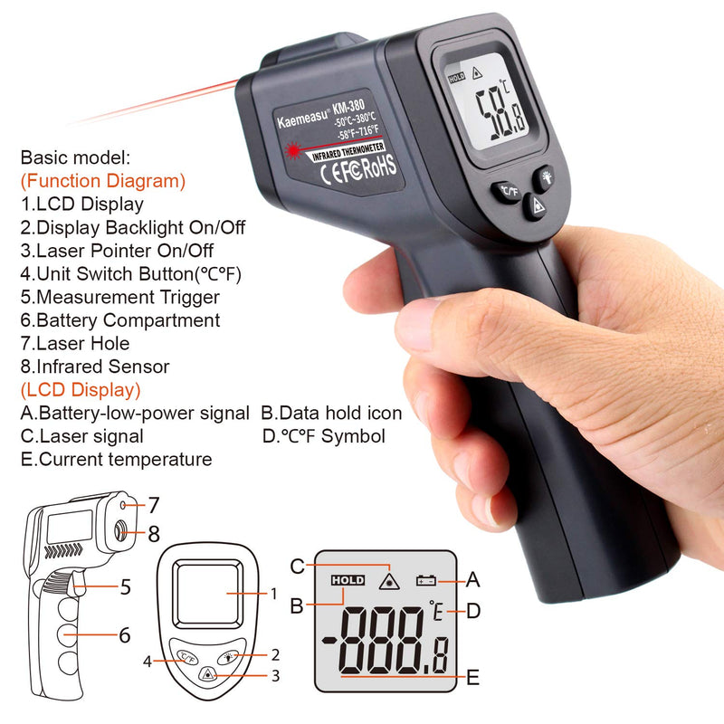 [Australia - AusPower] - Kaemeasu Digital Infrared Thermometer -58℉-716℉ (-50℃ to 380℃) High Precision Handheld Non-Contact Electronic Thermometer Gun KM-380 