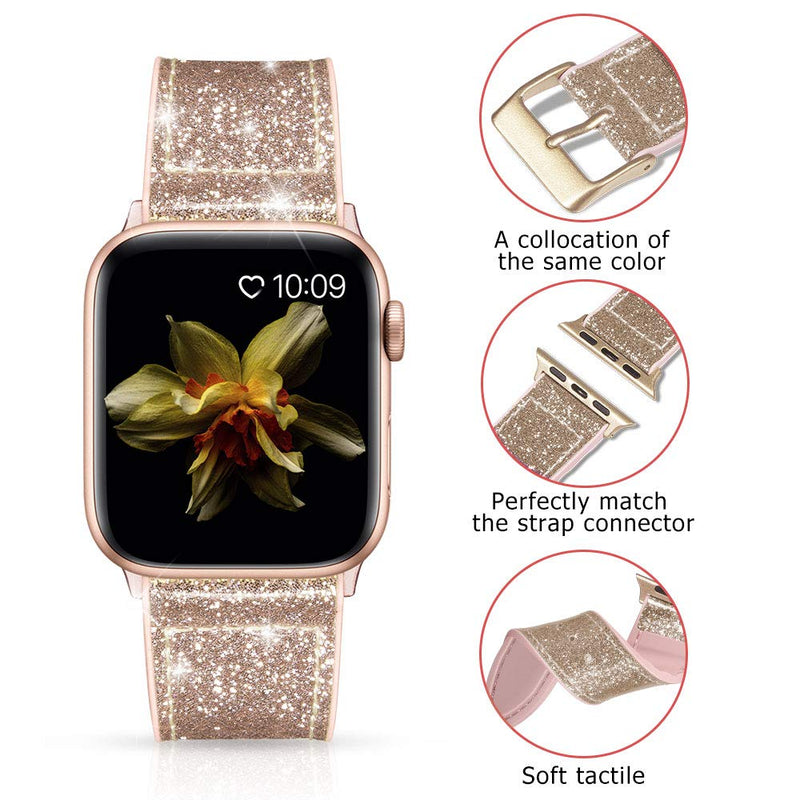 [Australia - AusPower] - Compatible with Apple Watch Band 38mm 40mm 41mm 42mm 44mm 45mm, CTYBB Blingbling Sweatproof Genuine Leather and Silicone Band for iWatch Series 7 6 5 4 3 2 1 SE, (Champagnegold, 42mm 44mm 45mm) 42mm / 44mm / 45mm AA-EChampagnegold/Champagnegold 