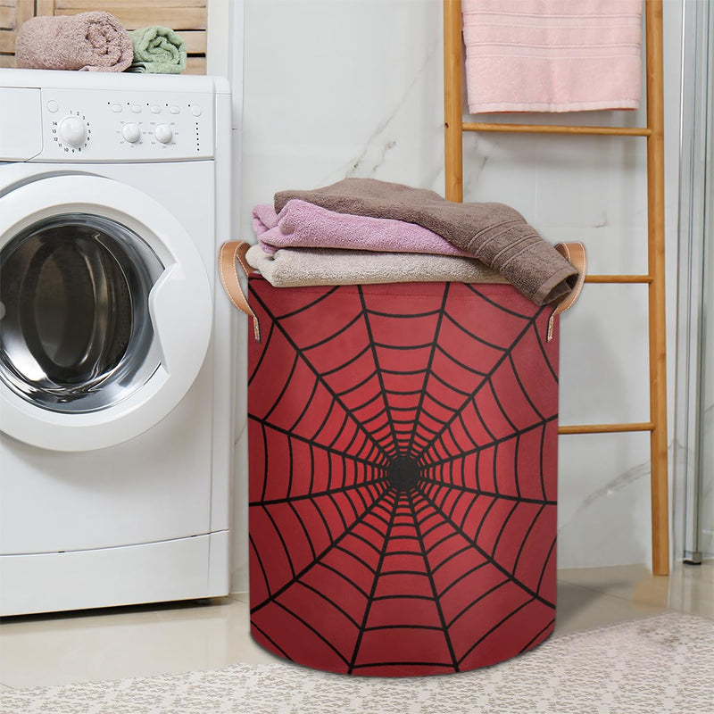 [Australia - AusPower] - Large Laundry Hamper Basket Red Spider Web Round Freestanding Clothes Basket, Collapsible Storage Organizer Bin with Leather Handles for Dirty Clothes Toys, Nursery Home Storage 16"W x 20"H 