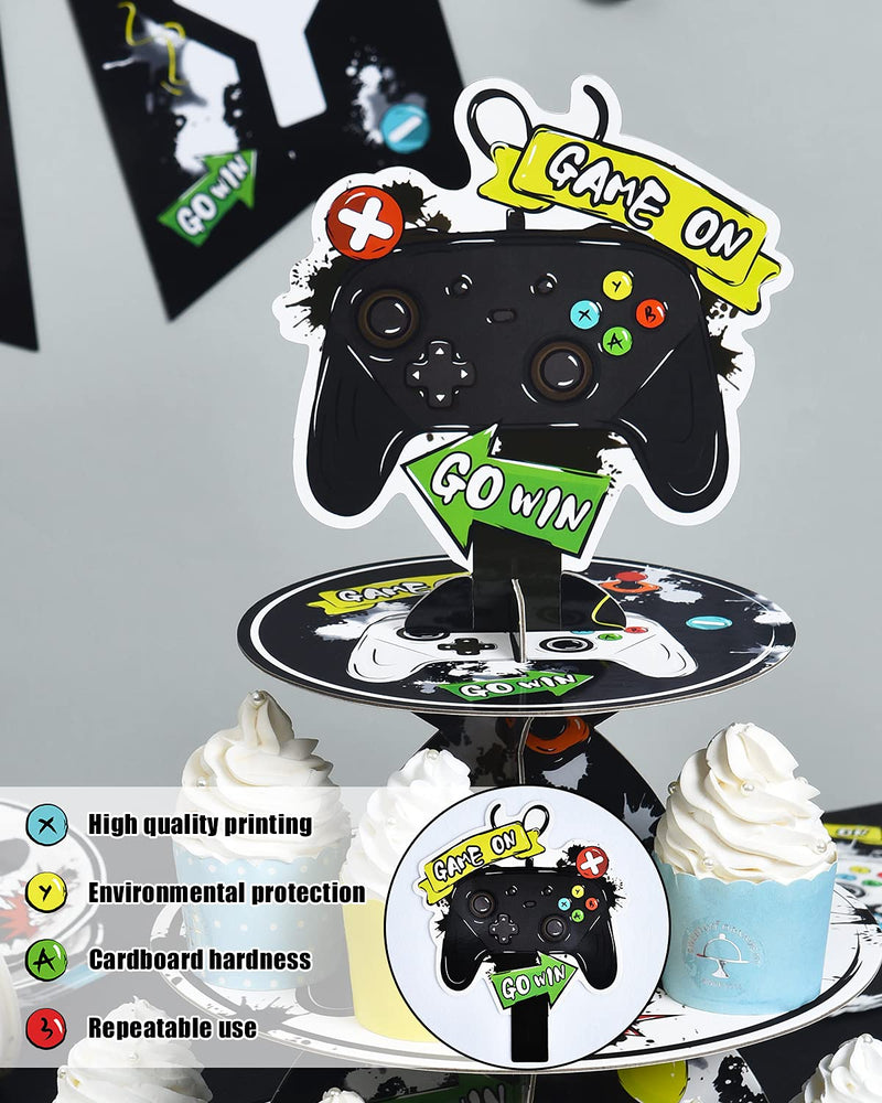 [Australia - AusPower] - Video Game Cupcake Decorations - Video Game Party Supplies for Kids Boys Birthday Cupcake Stand 3-Tier Cardboard Cupcake Stand Holder Round Serving Tray Stand Dessert Tower Watercolor Videogame 