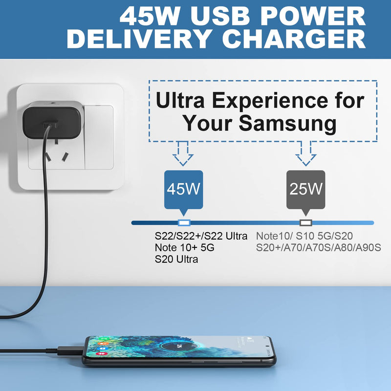 [Australia - AusPower] - 45W USB-C Super Fast Charging Wall Charger for Samsung Galaxy S22 Ultra/S22+/S22/S21 S20 Plus Ultra, Note 10+ 5G/Note 20, Tab S8/S8+/S8 Ultra/S7, PD 3.0 PPS Type C Charger Adapter with 5ft Cable black 