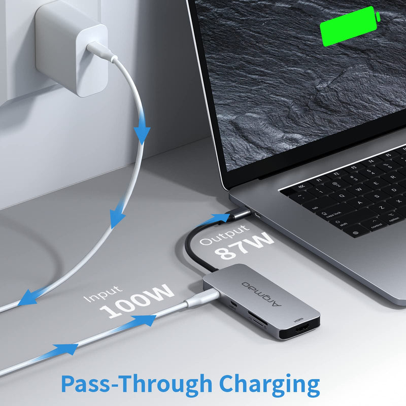 [Australia - AusPower] - Argmao USB C Hub, 8-in-1 Dongle, USB C to USB C Data Transfer, USB-C PD3.0, 4K@30Hz HDMI, 3 USB 3.0, SD/TF Card Reader Adapter, Compatible with MacBook Air Pro, Chromebook and Other Type C Laptops Silver Gray 