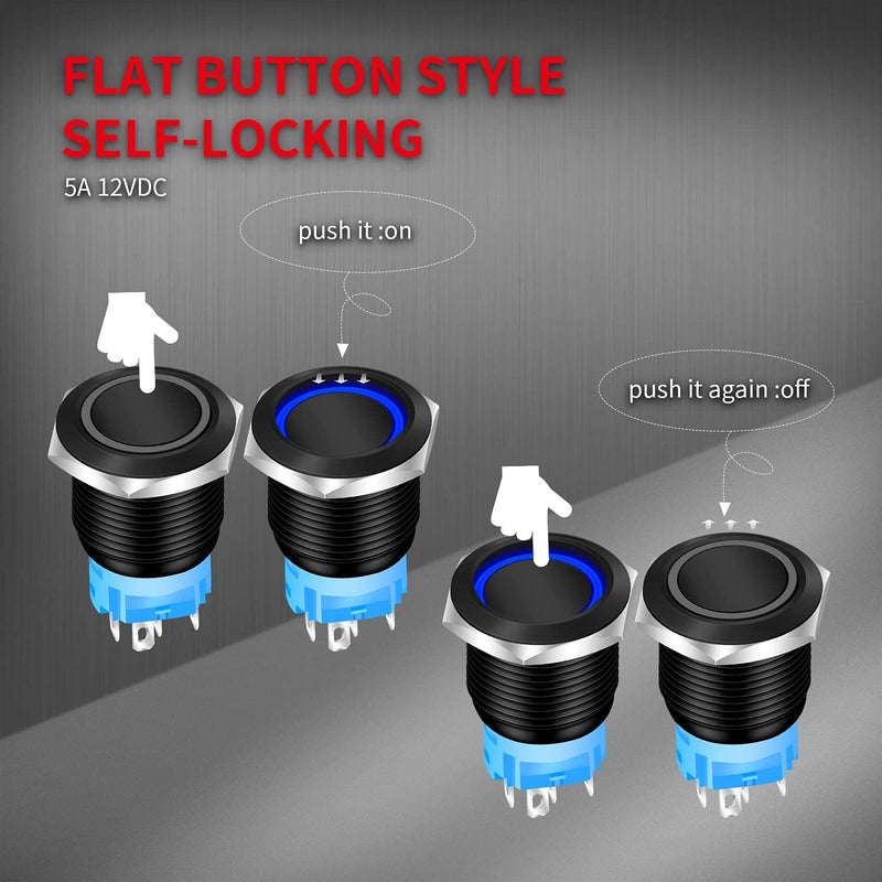 [Australia - AusPower] - DaierTek Waterproof Latching Push Button Switch 12V 19mm ON Off Black Metal Pre-Wired 12 Volt Blue Led Light Illuminated for Marine RV -8 Pack 