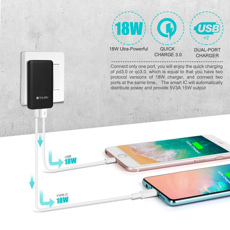 [Australia - AusPower] - 2 Pack Ultar-Slim Fast Plug/USB and Type c Fast Charger/18w 2 Port PD Portable Travel Wall Charger Adapter with QC3.0 Port Power for iPhone 12/12mini/12Pro Max,Airpods,xiaomi,Ipad Pro Tablet Chargers 