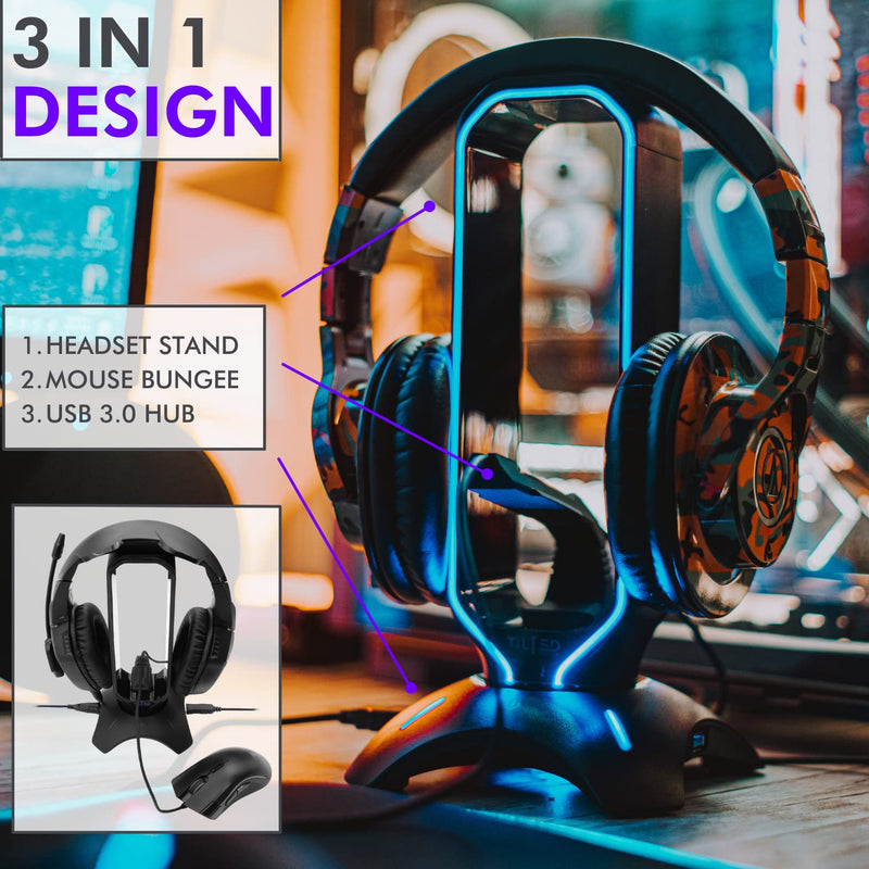 [Australia - AusPower] - Tilted Nation RGB Headset Stand and Gaming Headphone Stand for Desk Display with Mouse Bungee Cord Holder - Gaming Headset Holder with USB 3.0 Hub for Xbox, PS4, PC - Perfect Gaming Accessories Gift Black 