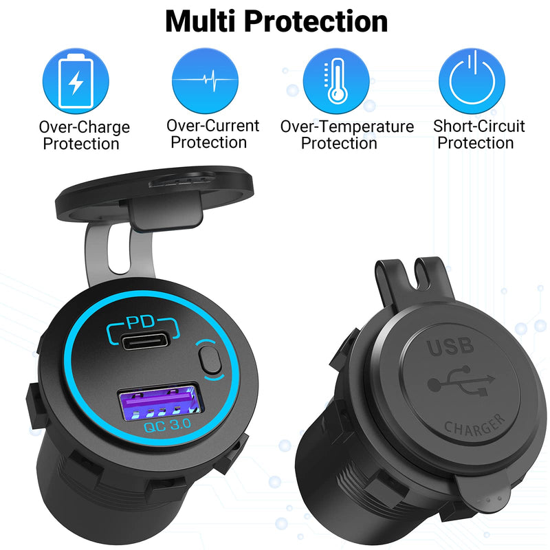 [Australia - AusPower] - [2 Pack] USB C 12V USB Port, Qidoe 40W PD & QC3.0 USB C Car Charger Socket with ON/Off Switch and 59 Inches Wire Waterproof DIY 12V/24V USB Outlet for Car Boat Golf Cart Marine RV Motorcycle 