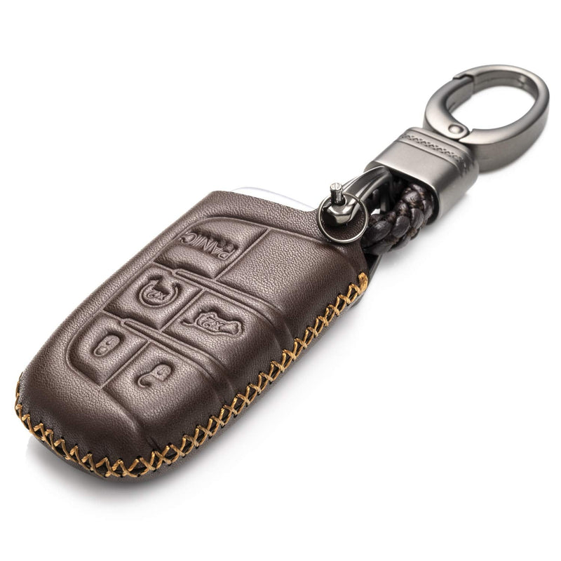 [Australia - AusPower] - Vitodeco Genuine Leather Smart Key Keyless Remote Entry Fob Case Cover with Key Chain for Jeep, Dodge, Chrysler (5 Buttons, Brown) 5 Buttons 