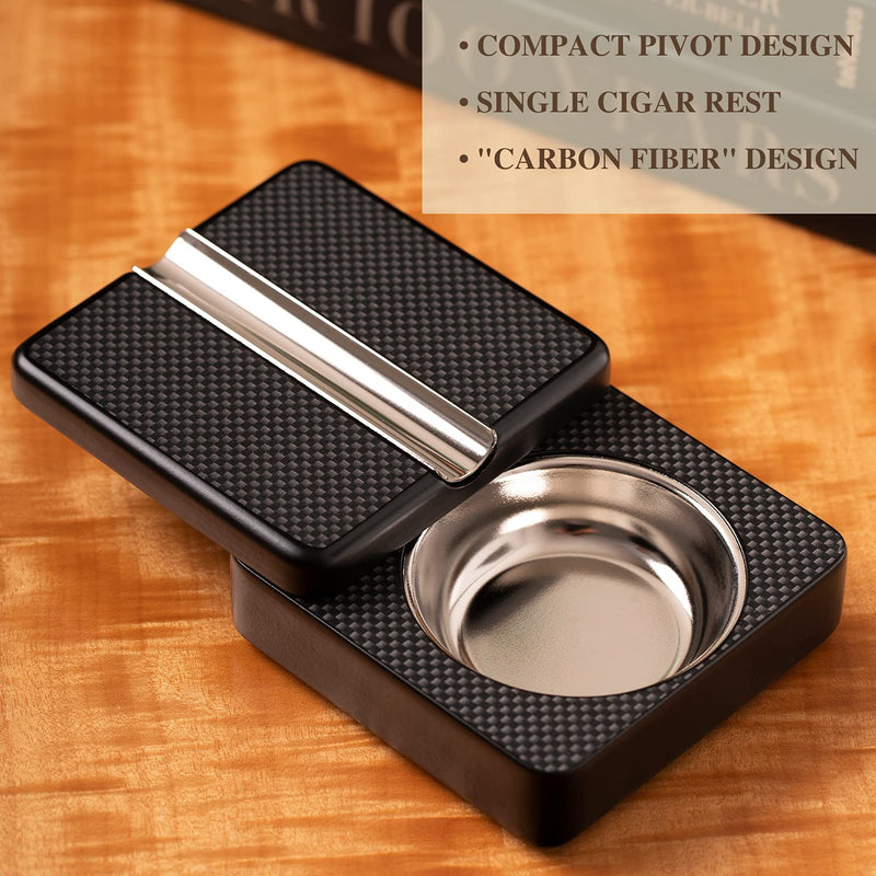 [Australia - AusPower] - Carbon Fiber Design Single Cigar Ashtray with Swivel Design, Solid Wood Ashtray, Travel Cigar Accessory 