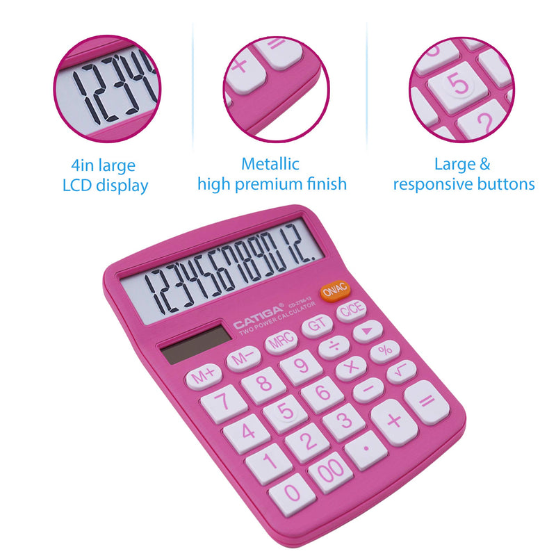 [Australia - AusPower] - Desktop Calculator 12 Digit with Large LCD Display and Sensitive Button, Solar and Battery Dual Power, Standard Function for Office, Home, School, CD-2786 (Pink) Pink 