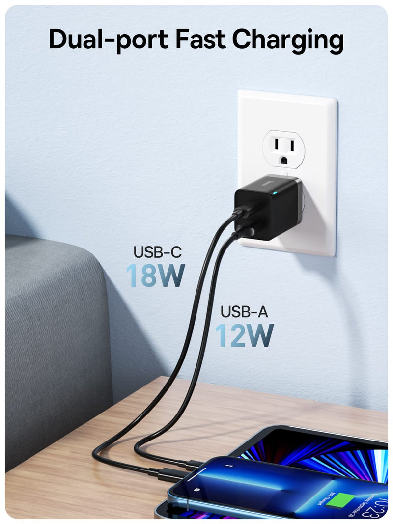 [Australia - AusPower] - USB C Charger, Baseus 30W 2 Port SuperSi Charger, Fast Compact Charger with Foldable Plug for iPad Pro/Air/Mini, iPhone 13/13 Mini/13 Pro/13 Pro Max/12/SE/11/XR/XS, Samsung, Pixel 6, Black 