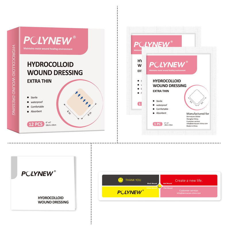 [Australia - AusPower] - Polynew Thin Hydrocolloid Dressing 12 Pack Without Border 4" x 4" Hydrocolloid Patches, Adhesive Hydrocolloid Bandages, Wound Dressing 