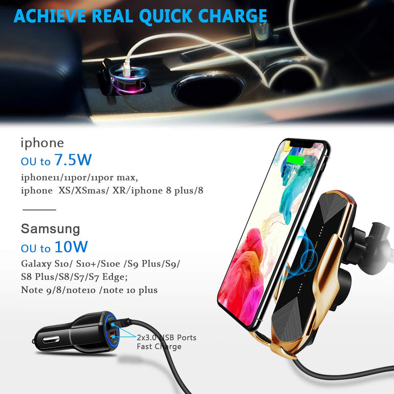 [Australia - AusPower] - Wireless Car Charger 15W Fast Charging Touch Sensing Auto-Clamping Car Wireless Charger Air Vent Clip Car Phone Mount for iPhone SE/11/11 Pro Series/X/XR/8, Samsung Galaxy S20 S10 Note10/9 (Q1-Gold) Q1-Gold 