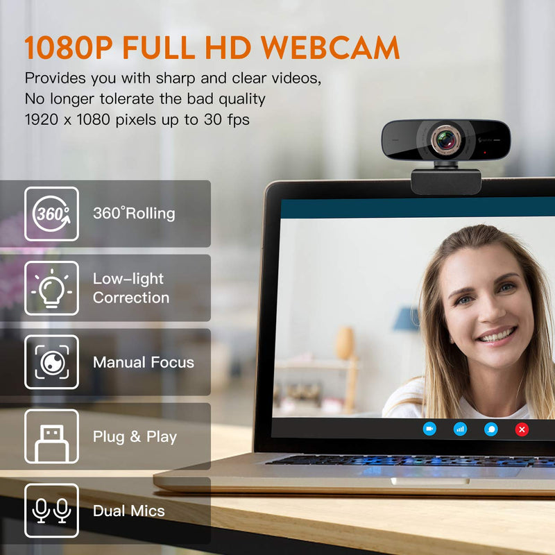 [Australia - AusPower] - Angetube 825 Full HD 1080P Webcam with Microphone, 100° Wide-Angle View and Low-Light Correction, Flexible Manual Focus, Plug and Play for Streaming, Conferencing, Video Chatting and More 