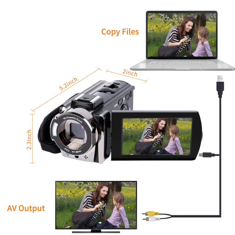 [Australia - AusPower] - Video Camera Camcorder Digital Camera Recorder kicteck Full HD 1080P 15FPS 24MP 3.0 Inch 270 Degree Rotation LCD 16X Zoom Camcorder with 2 Batteries(604s) 