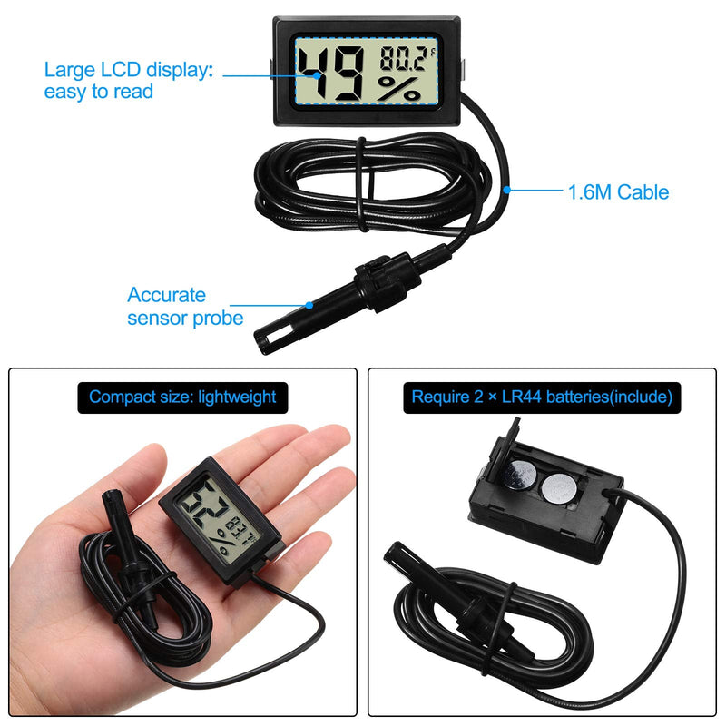 [Australia - AusPower] - 3 Mini Digital Thermometer Hygrometer with Probe Indoor Temperature Humidity Meter Gauge LCD Fahrenheit Display Hygrometer Thermometer Gauge for Incubator Reptile Plant Terrarium Greenhouse 3 Black 